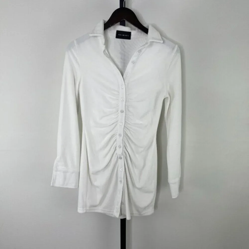 Animari Women's White Solid Ruched Plunge Front Collared Top Blouse Shirt Size S - Picture 1 of 7